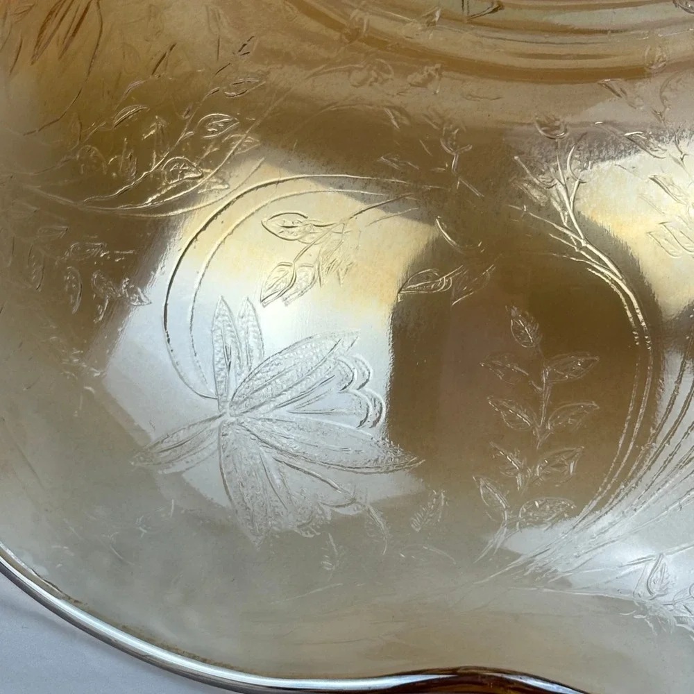 Vintage Amber Carnival Glass‎ Bowl — Raised Floral Pressed Pattern Scrolled Edge